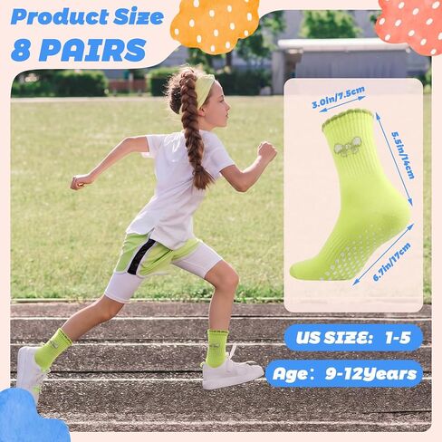 8 Pairs Girls Kids Ruffle Socks, Colorful Cute Frilly Grip Cotton Crew Socks with Bow, Uniform School Dress Non-slip Bubble Cuff Sock for Girls 9-12 Years in Kuwait