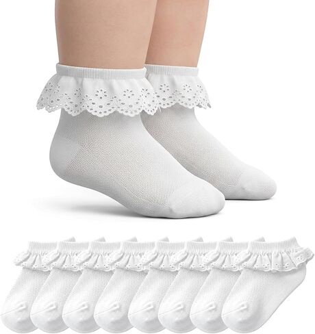 4 Pairs Ruffle White Lace Frilly Socks Cute Socks for Toddler Girls Little Girls Eyelet Ankle Cotton Sock 2-4Y Princess Dress Sock in Saudi Arabia