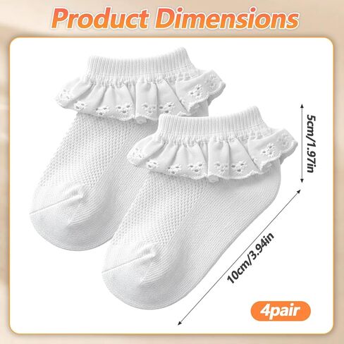 4 Pairs Ruffle White Lace Frilly Socks Cute Socks for Toddler Girls Little Girls Eyelet Ankle Cotton Sock 2-4Y Princess Dress Sock in Saudi Arabia