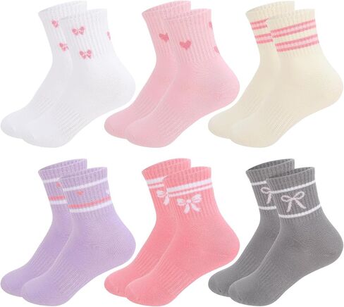 6 Pairs Girls Cute Cotton Crew Socks Striped Heart Bow Patterned Casual Socks for Kids Everyday Wear in Kuwait