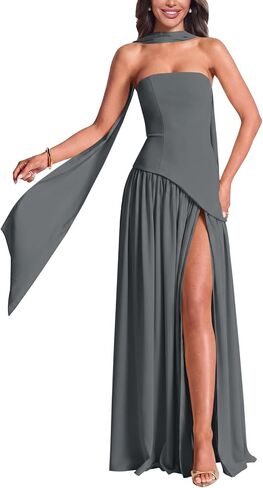Strapless Bridesmaid Dresses for Women Long Scarf Ruched Chiffon Formal Wedding Guest Dress with Slit in Saudi Arabia