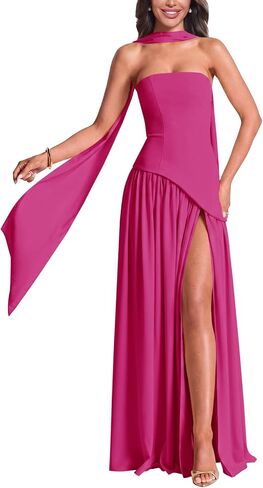 Strapless Bridesmaid Dresses for Women Long Scarf Ruched Chiffon Formal Wedding Guest Dress with Slit in Saudi Arabia