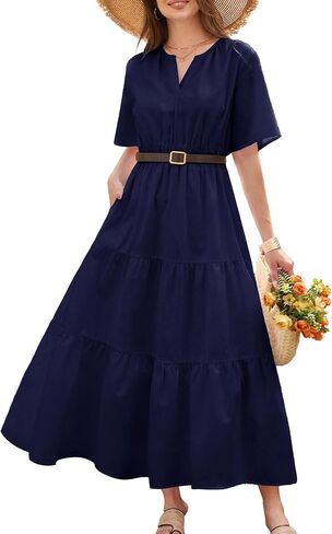 Summer Linen Dress with Pockets Casual Flowy Maxi Dresses Lightweight Short Sleeve Spring Vacation Outfits Boho Beach in Saudi Arabia