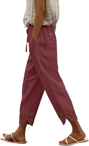 Women's Linen Capri Pants Lightweight Elastic Waist Side Lace Palazzo Harem Pant Baggy Trousers with Pockets in Saudi Arabia