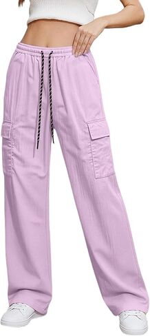 Ctreela Straight Wide Leg Cargo Pants for Woman High Waist Drawstring Pant Baggy Water Resistant Trouser with Pockets in Kuwait