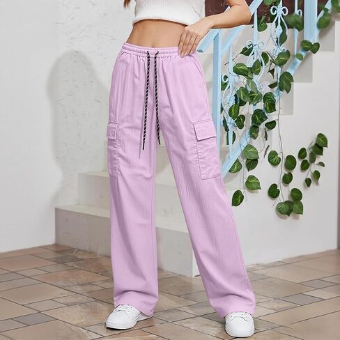 Ctreela Straight Wide Leg Cargo Pants for Woman High Waist Drawstring Pant Baggy Water Resistant Trouser with Pockets in Kuwait