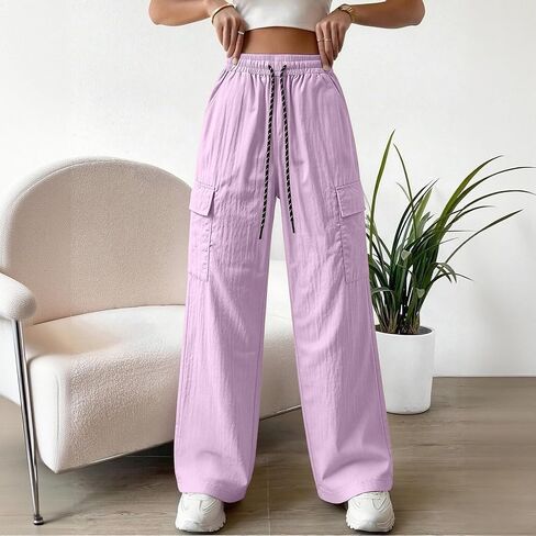 Ctreela Straight Wide Leg Cargo Pants for Woman High Waist Drawstring Pant Baggy Water Resistant Trouser with Pockets in Kuwait