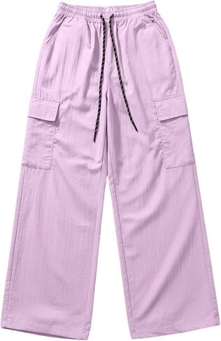 Ctreela Straight Wide Leg Cargo Pants for Woman High Waist Drawstring Pant Baggy Water Resistant Trouser with Pockets in Kuwait