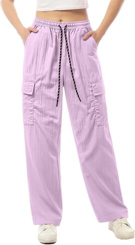 Ctreela Straight Wide Leg Cargo Pants for Woman High Waist Drawstring Pant Baggy Water Resistant Trouser with Pockets in Kuwait