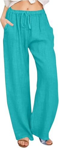 Ctreela Women's Cotton Linen Casual Palazzo Trousers Solid Elastic Drawstring Waist Straight Leg Long Pants with Pocket in Saudi Arabia