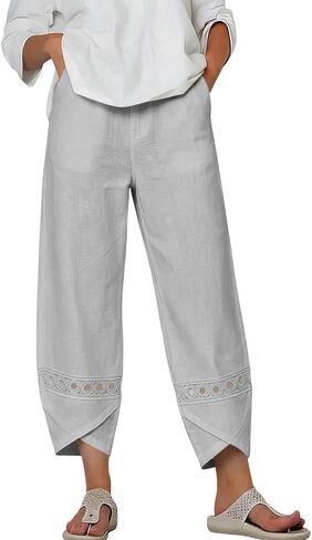 Womens Cotton Linen Pants Lace Hollow Out Trim Baggy Cropped Trousers Ankle Length Elastic Waisted Trouser in Kuwait