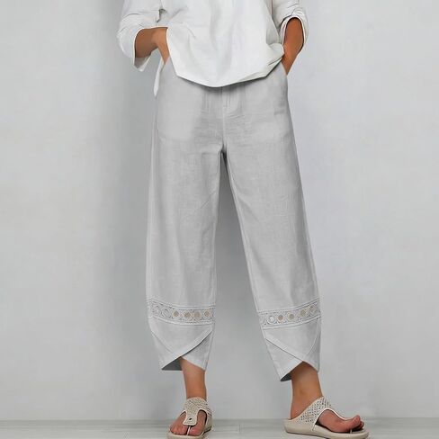 Womens Cotton Linen Pants Lace Hollow Out Trim Baggy Cropped Trousers Ankle Length Elastic Waisted Trouser in Kuwait
