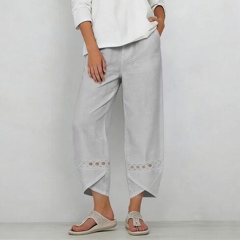 Womens Cotton Linen Pants Lace Hollow Out Trim Baggy Cropped Trousers Ankle Length Elastic Waisted Trouser in Kuwait