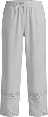 Womens Cotton Linen Pants Lace Hollow Out Trim Baggy Cropped Trousers Ankle Length Elastic Waisted Trouser in Kuwait