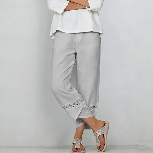 Womens Cotton Linen Pants Lace Hollow Out Trim Baggy Cropped Trousers Ankle Length Elastic Waisted Trouser in Kuwait