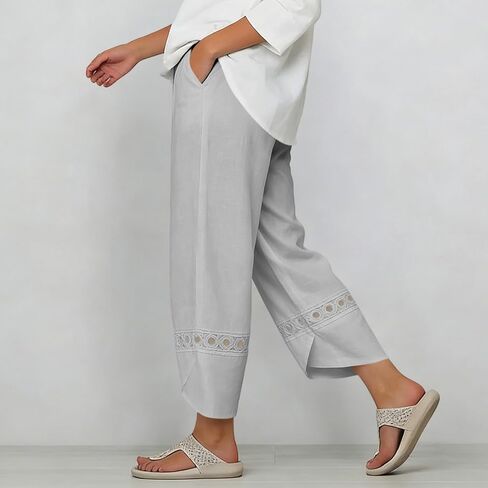 Womens Cotton Linen Pants Lace Hollow Out Trim Baggy Cropped Trousers Ankle Length Elastic Waisted Trouser in Kuwait