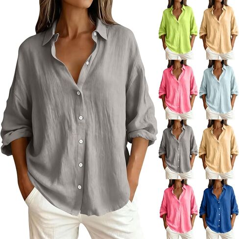 Button Down Shirt for Women Spring Summer Long Sleeve Business Casual Blouses Roll-up Sleeve Collared Tunic Top in Kuwait