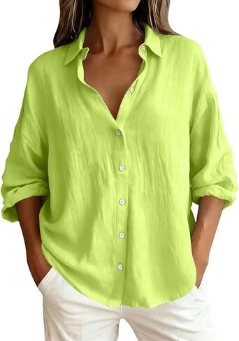 Button Down Shirt for Women Spring Summer Long Sleeve Business Casual Blouses Roll-up Sleeve Collared Tunic Top in Kuwait