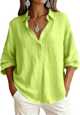 Button Down Shirt for Women Spring Summer Long Sleeve Business Casual Blouses Roll-up Sleeve Collared Tunic Top in Kuwait
