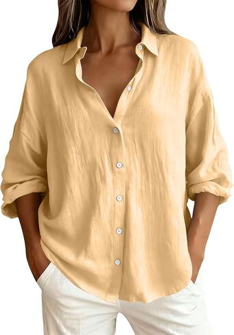 Button Down Shirt for Women Spring Summer Long Sleeve Business Casual Blouses Roll-up Sleeve Collared Tunic Top in Kuwait