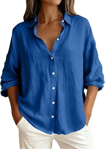 Button Down Shirt for Women Spring Summer Long Sleeve Business Casual Blouses Roll-up Sleeve Collared Tunic Top in Kuwait