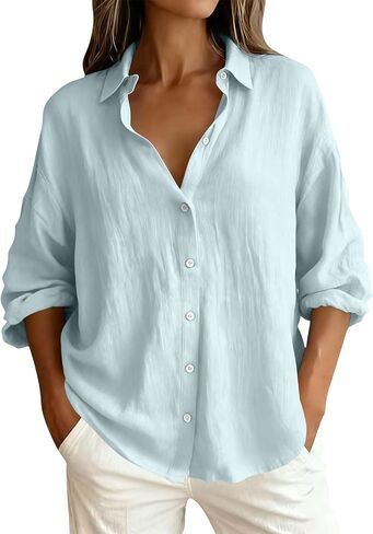 Button Down Shirt for Women Spring Summer Long Sleeve Business Casual Blouses Roll-up Sleeve Collared Tunic Top in Kuwait