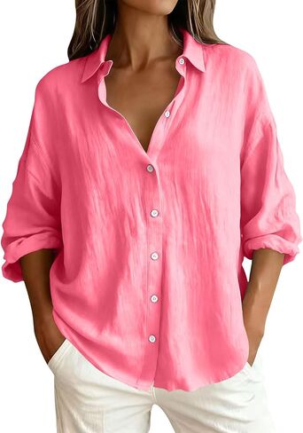 Button Down Shirt for Women Spring Summer Long Sleeve Business Casual Blouses Roll-up Sleeve Collared Tunic Top in Kuwait