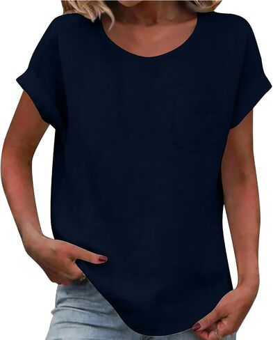 Womens Cotton Linen Tops Short Sleeve Crew Neck T Shirt Loose Fit Business Work Fashion Blouse with Pocket in Kuwait