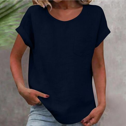 Womens Cotton Linen Tops Short Sleeve Crew Neck T Shirt Loose Fit Business Work Fashion Blouse with Pocket in Kuwait