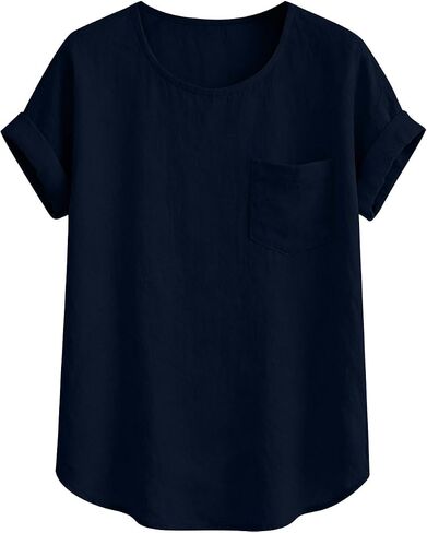Womens Cotton Linen Tops Short Sleeve Crew Neck T Shirt Loose Fit Business Work Fashion Blouse with Pocket in Kuwait