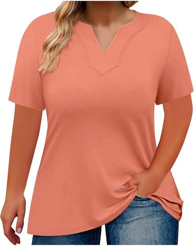 Oversized T Shirts for Women V Neck Loose Tunic Tops Short Sleeve Casual Pure Blouses Dressy Plus Size Shirt in Kuwait