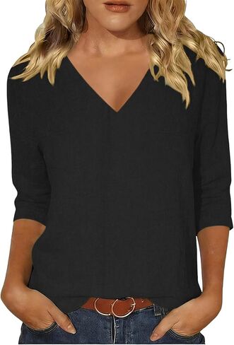 Summer Blouses for Women 3/4 Sleeve V Neck Shirts Cotton Linen Casual Dressy Solid Color Tunic Tops 2026 in Kuwait