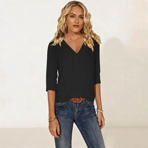 Summer Blouses for Women 3/4 Sleeve V Neck Shirts Cotton Linen Casual Dressy Solid Color Tunic Tops 2026 in Kuwait