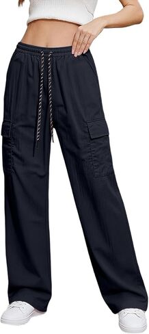 Ctreela Straight Wide Leg Cargo Pants for Woman High Waist Drawstring Pant Baggy Water Resistant Trouser with Pockets in Saudi Arabia