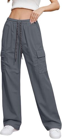 Ctreela Straight Wide Leg Cargo Pants for Woman High Waist Drawstring Pant Baggy Water Resistant Trouser with Pockets in Kuwait