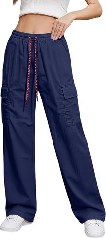 Ctreela Straight Wide Leg Cargo Pants for Woman High Waist Drawstring Pant Baggy Water Resistant Trouser with Pockets in Kuwait