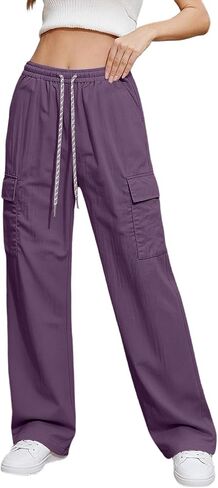 Ctreela Straight Wide Leg Cargo Pants for Woman High Waist Drawstring Pant Baggy Water Resistant Trouser with Pockets in Kuwait