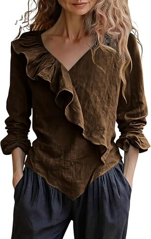 Women's Linen Ruffle Shirts Asymmetric Hem Y2K Long Sleeve Casual Tops Vintage Elegant Lightweight Tunic Blouses in Kuwait