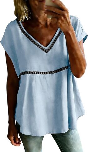 Women's V Neck Linen Shirts 2026 Short Sleeve Summer Casual Tops Loose Fit Lightweight Fashion Blouses in Kuwait
