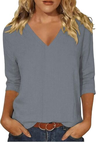 Summer Blouses for Women 3/4 Sleeve V Neck Shirts Cotton Linen Casual Dressy Solid Color Tunic Tops 2026 in Kuwait