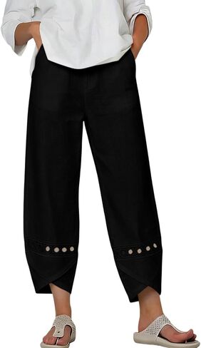 Womens Cotton Linen Pants Lace Hollow Out Trim Baggy Cropped Trousers Ankle Length Elastic Waisted Trouser in Saudi Arabia