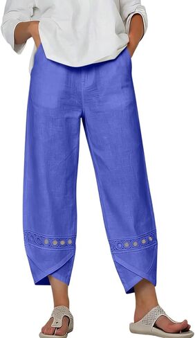 Womens Cotton Linen Pants Lace Hollow Out Trim Baggy Cropped Trousers Ankle Length Elastic Waisted Trouser in Kuwait