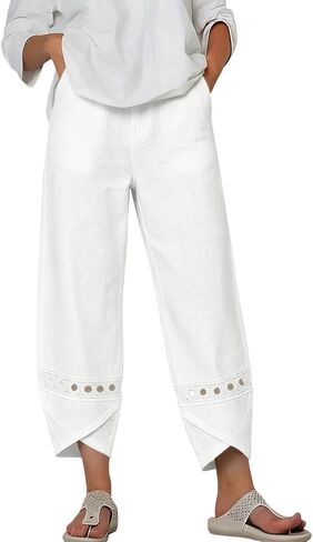 Womens Cotton Linen Pants Lace Hollow Out Trim Baggy Cropped Trousers Ankle Length Elastic Waisted Trouser in Kuwait