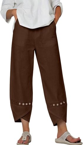 Womens Cotton Linen Pants Lace Hollow Out Trim Baggy Cropped Trousers Ankle Length Elastic Waisted Trouser in Kuwait