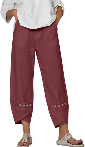 Womens Cotton Linen Pants Lace Hollow Out Trim Baggy Cropped Trousers Ankle Length Elastic Waisted Trouser in Kuwait