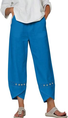 Womens Cotton Linen Pants Lace Hollow Out Trim Baggy Cropped Trousers Ankle Length Elastic Waisted Trouser in Kuwait