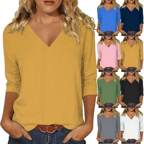 Summer Blouses for Women 3/4 Sleeve V Neck Shirts Cotton Linen Casual Dressy Solid Color Tunic Tops 2026 in Kuwait
