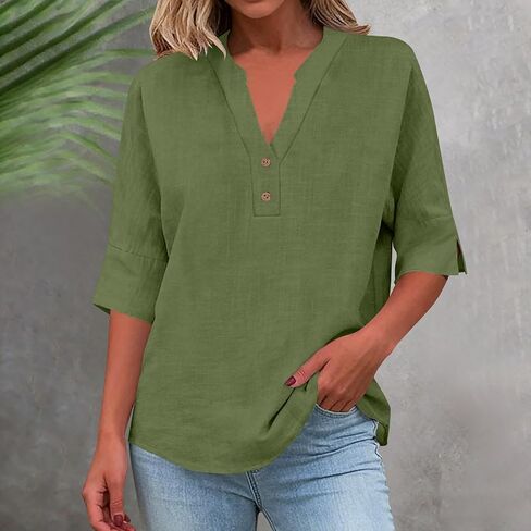 Womens Cotton Linen Shirts Half Sleeve V Neck Button Blouses Dressy Casual Tunic Tops Business Summer T Shirt in Kuwait