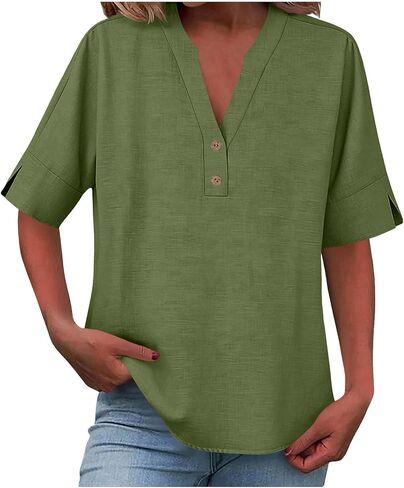 Womens Cotton Linen Shirts Half Sleeve V Neck Button Blouses Dressy Casual Tunic Tops Business Summer T Shirt in Kuwait