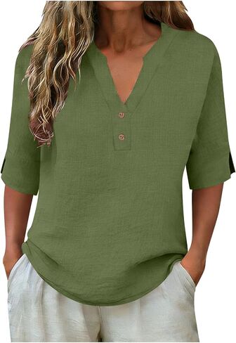 Womens Cotton Linen Shirts Half Sleeve V Neck Button Blouses Dressy Casual Tunic Tops Business Summer T Shirt in Kuwait